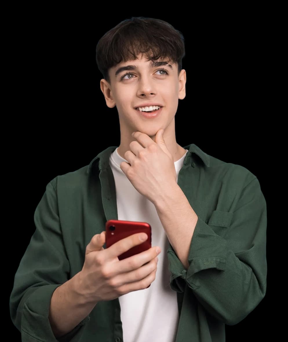 young man thinking and holding a phone